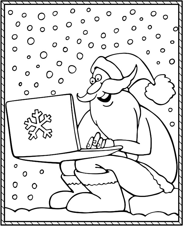 Coloring page of santa with a laptop