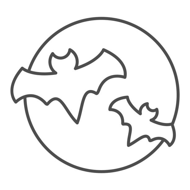 Bat with full moon clouds thin line icon halloween concept big moon and two bats sign on white background flittermouse flies in sky at night icon in outline style vector graphics stock