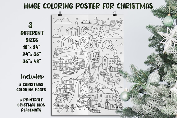 Printable christmas coloring poster for kids different sizes includes coloring pages and placemats pdf file instant download