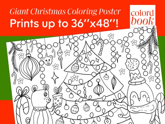 Giant christmas coloring poster holiday printables black and white large coloring pages animal characters christmas tree decorations