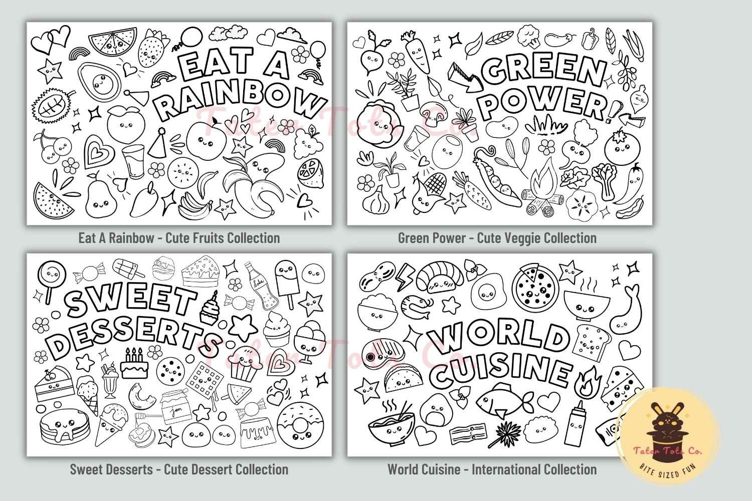 Large coloring sheets bundle cute food doodle patterns