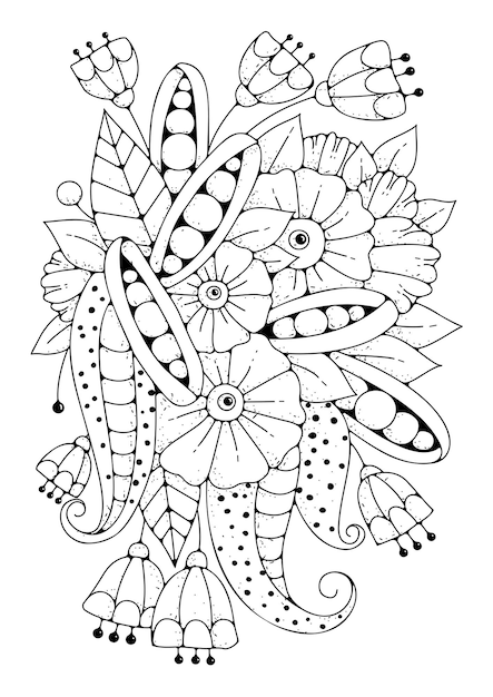 Premium vector coloring page art therapy for children and adults large fairy doodle flower for coloring art line black