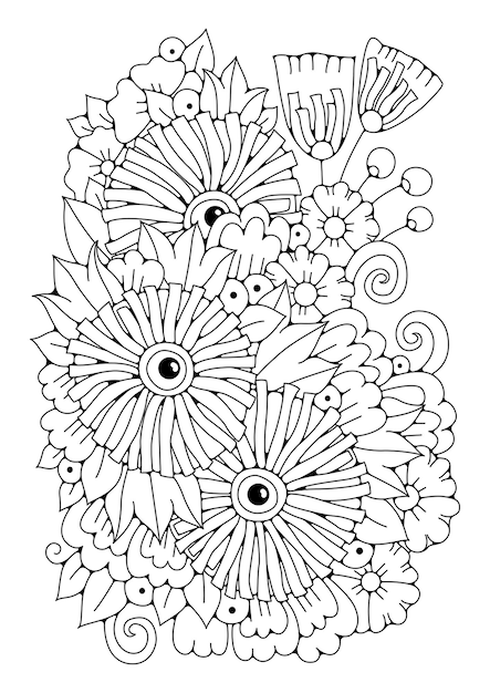 Premium vector coloring page with large round flowers art therapy black and white background for coloring art line