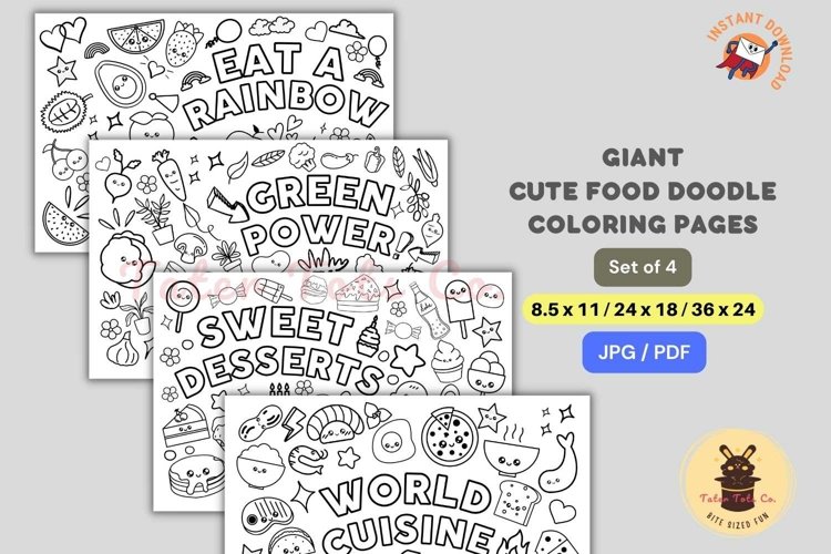 Large coloring sheets bundle cute food doodle patterns