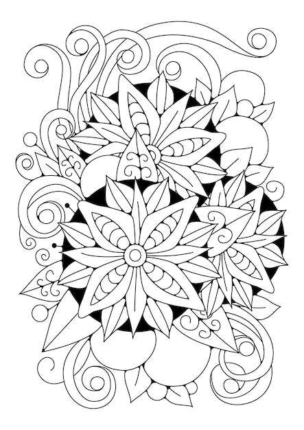 Premium vector coloring page with large flower and buds vector black and white background for coloring art therapy art line