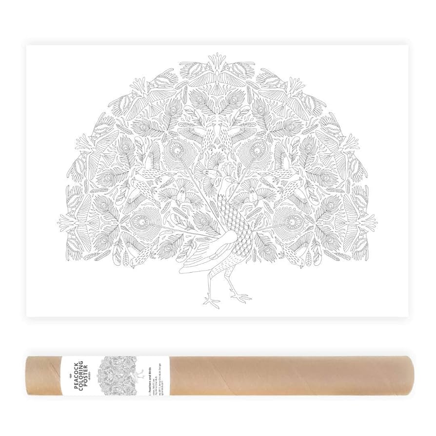 Boho peacock coloring poster or large adult coloring page with intricate patterns of birds feathers handmade products