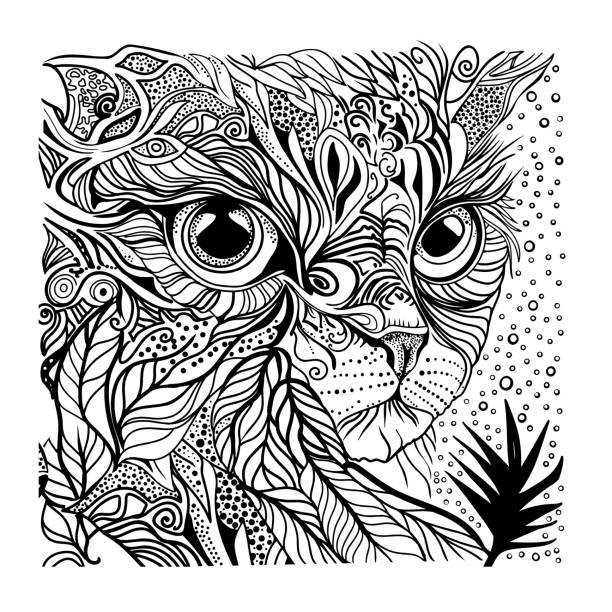 Antistress coloring page magic cat head with feathers mandala design isolated on white for child coloring page tattoo design print design packaging cards designers clothes icon logo stock illustration