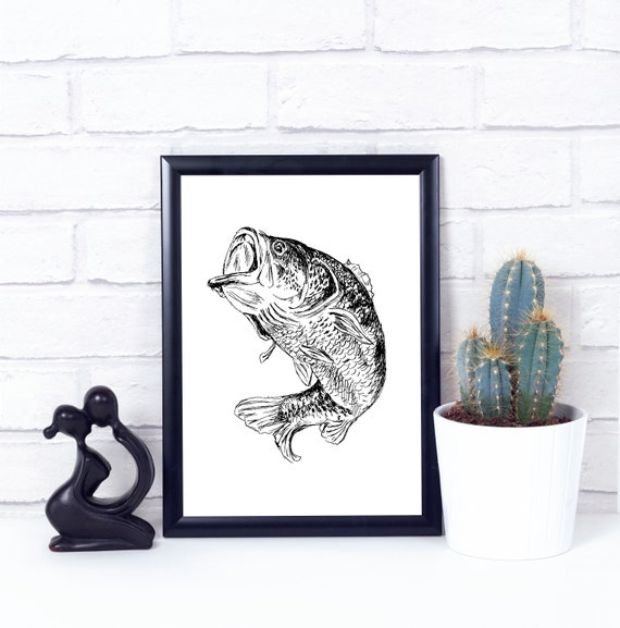 Bass fish poster black and white printable art print large bass fish coloring page bass wall art digital art print downloadable print