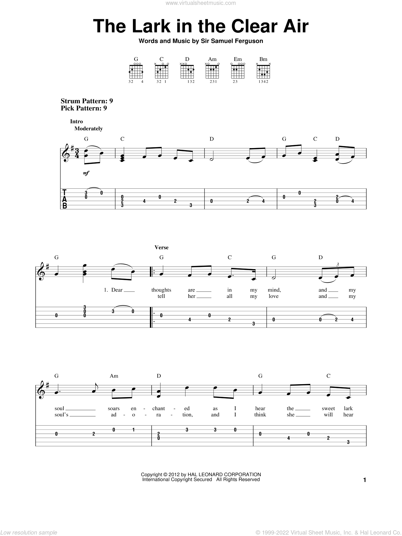 The lark in the clear air sheet music for guitar solo easy tablature