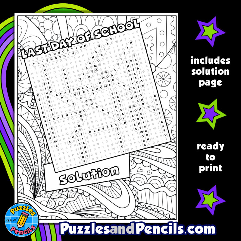 Last day of school word search puzzle activity page with coloring end of year wordsearch made by teachers