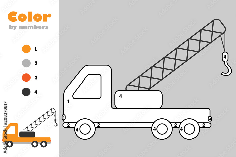 Ttruck crane in cartoon style color by number education paper game for the development of children coloring page kids preschool activity printable worksheet vector illustration