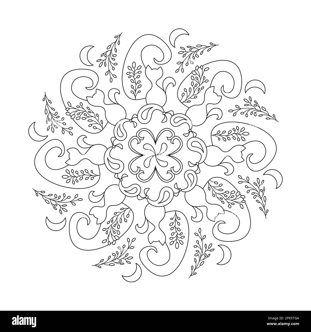 Cat mandala with moon and lavender coloring page vector illustration stock vector image art