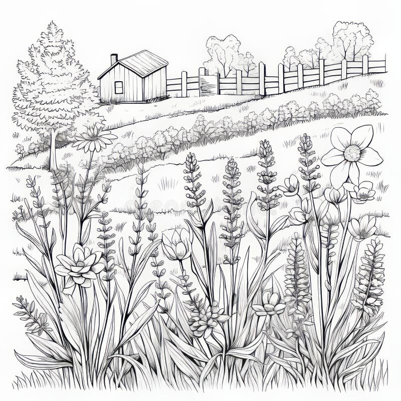 Black and white lavender garden coloring page with tranquil country setting stock illustration