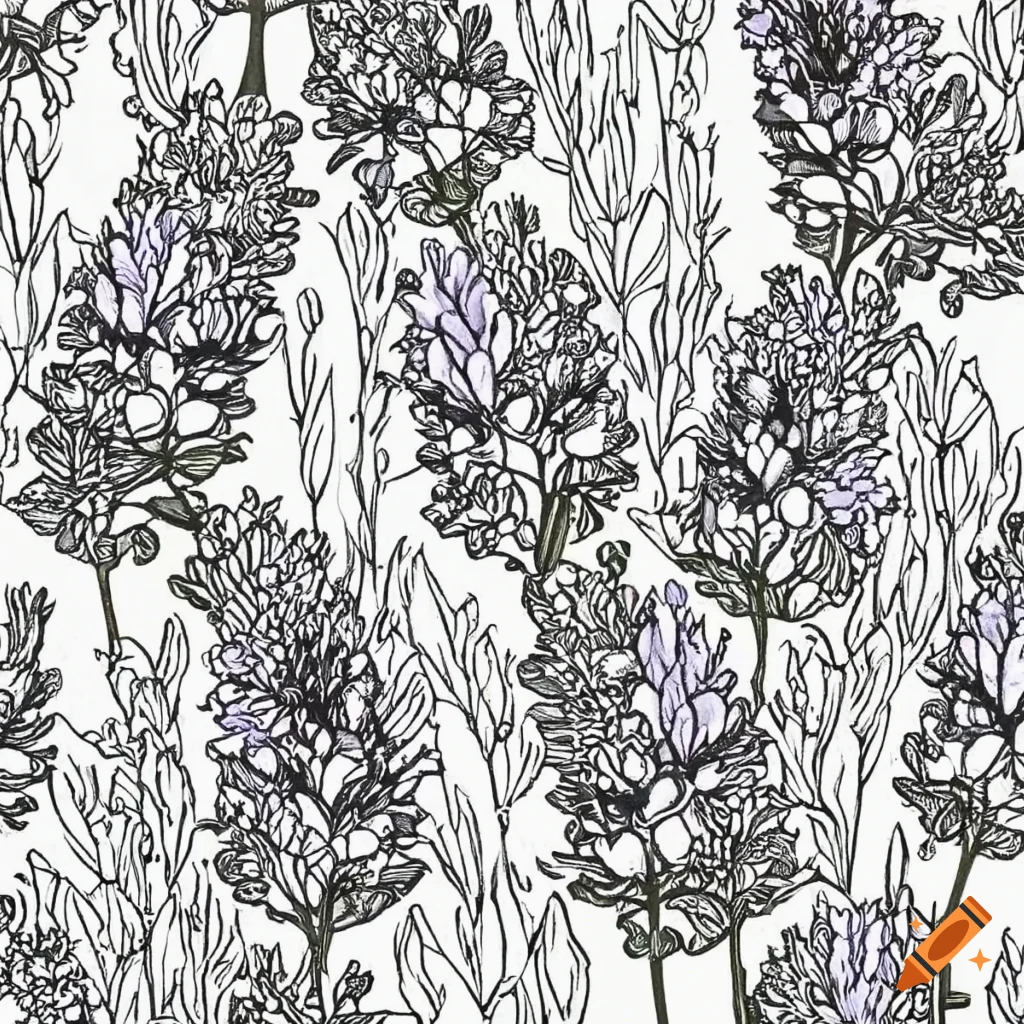 Black and white line drawing for a coloring book of english lavender in botanical style on