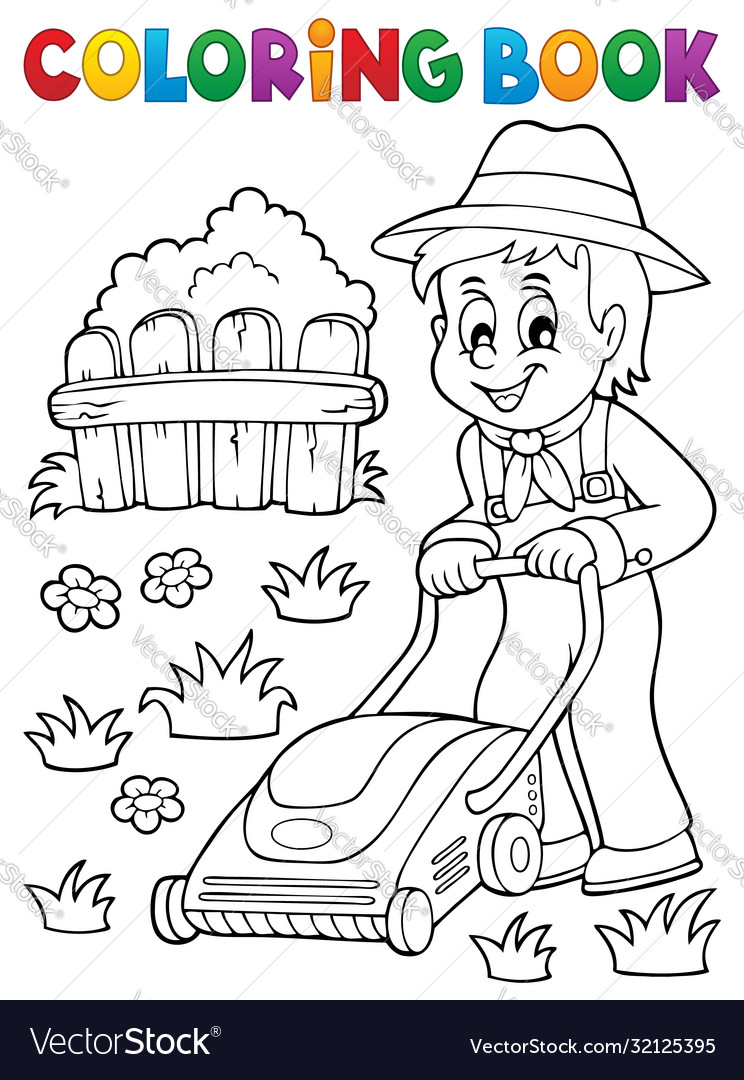 Coloring book gardener with lawn mower royalty free vector