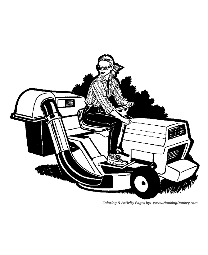 Farm equipment coloring pages woman on a lawn mower tractor coloring page and kids activity sheet