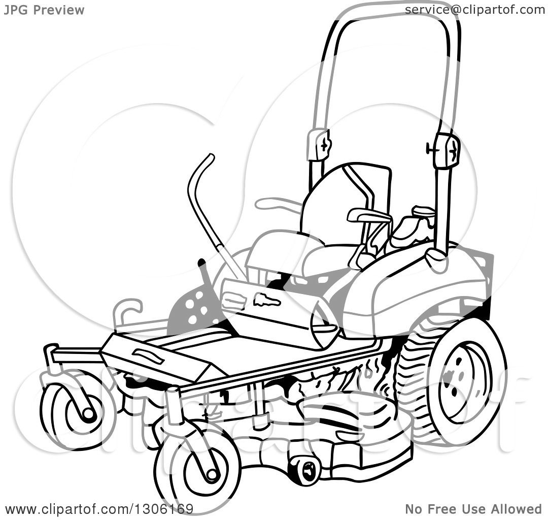 Clipart of a cartoon black and white ride on lawn mower