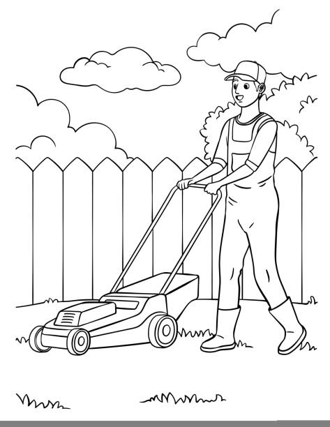 Lawn mower coloring page for kids stock illustration