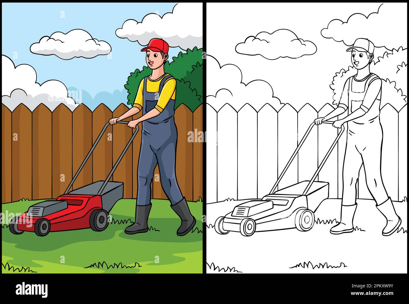 Lawn mower coloring page colored illustration stock vector image art