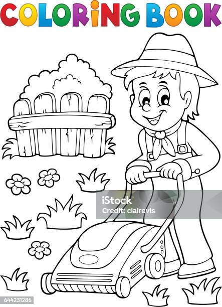 Coloring book gardener with lawn mower stock illustration