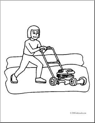 Clip art kids chores mowing the lawn coloring page i