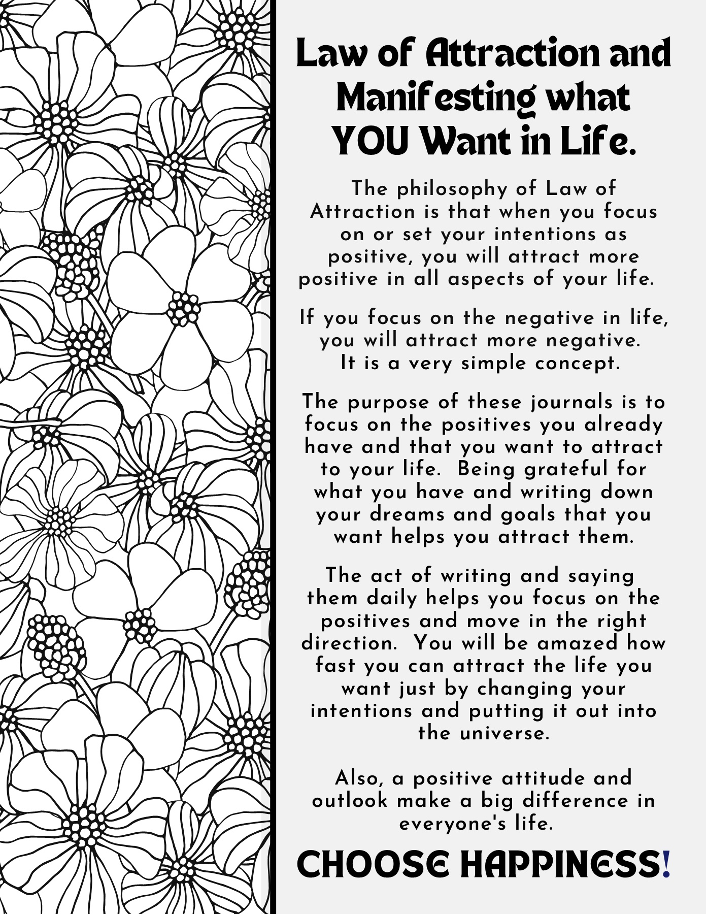 Coloring book black and white my day law of attraction journals with pages printable