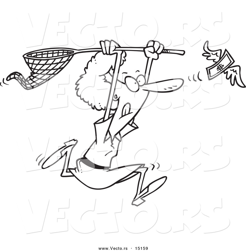 R of a cartoon woman chasing money with a net