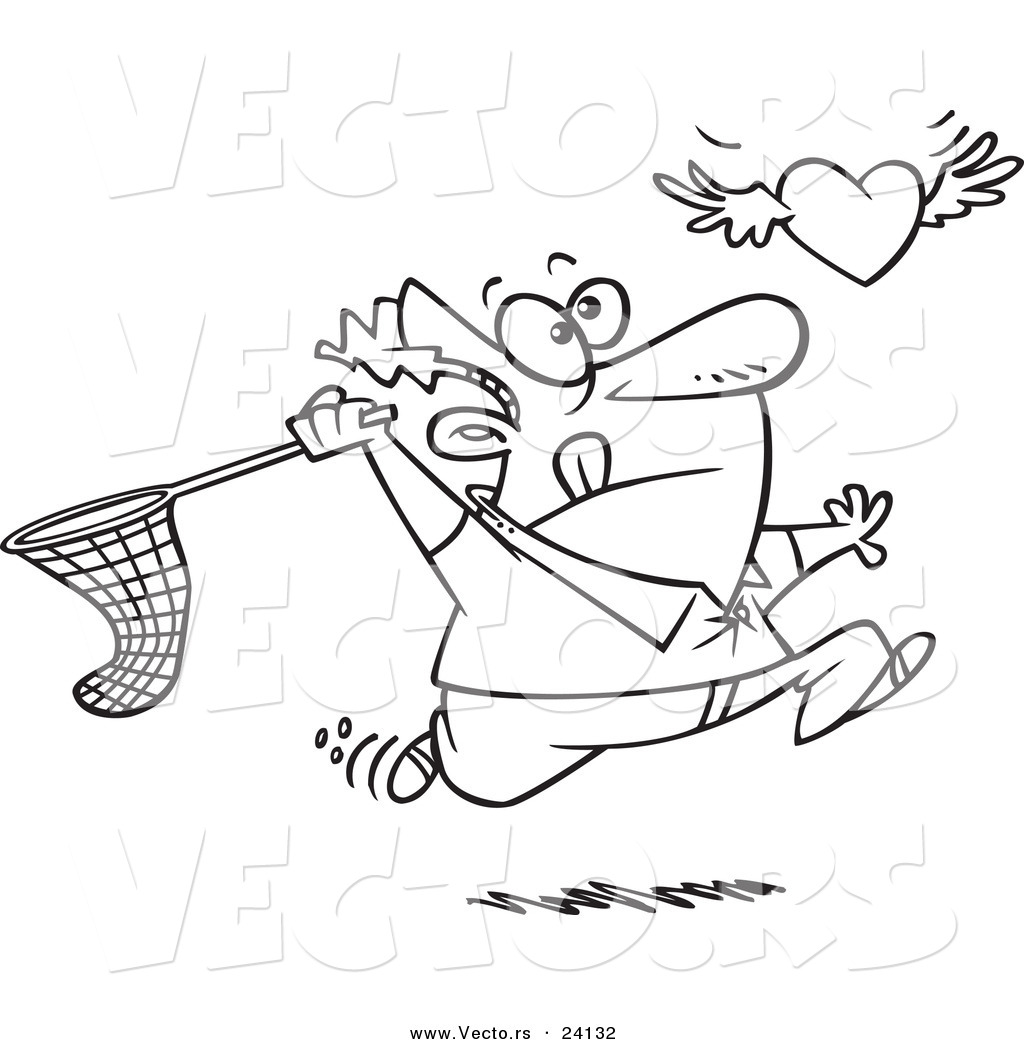 R of a cartoon man chasing elusive love with a net