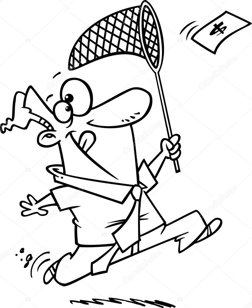 Vector of a cartoon businessman chasing money with a net