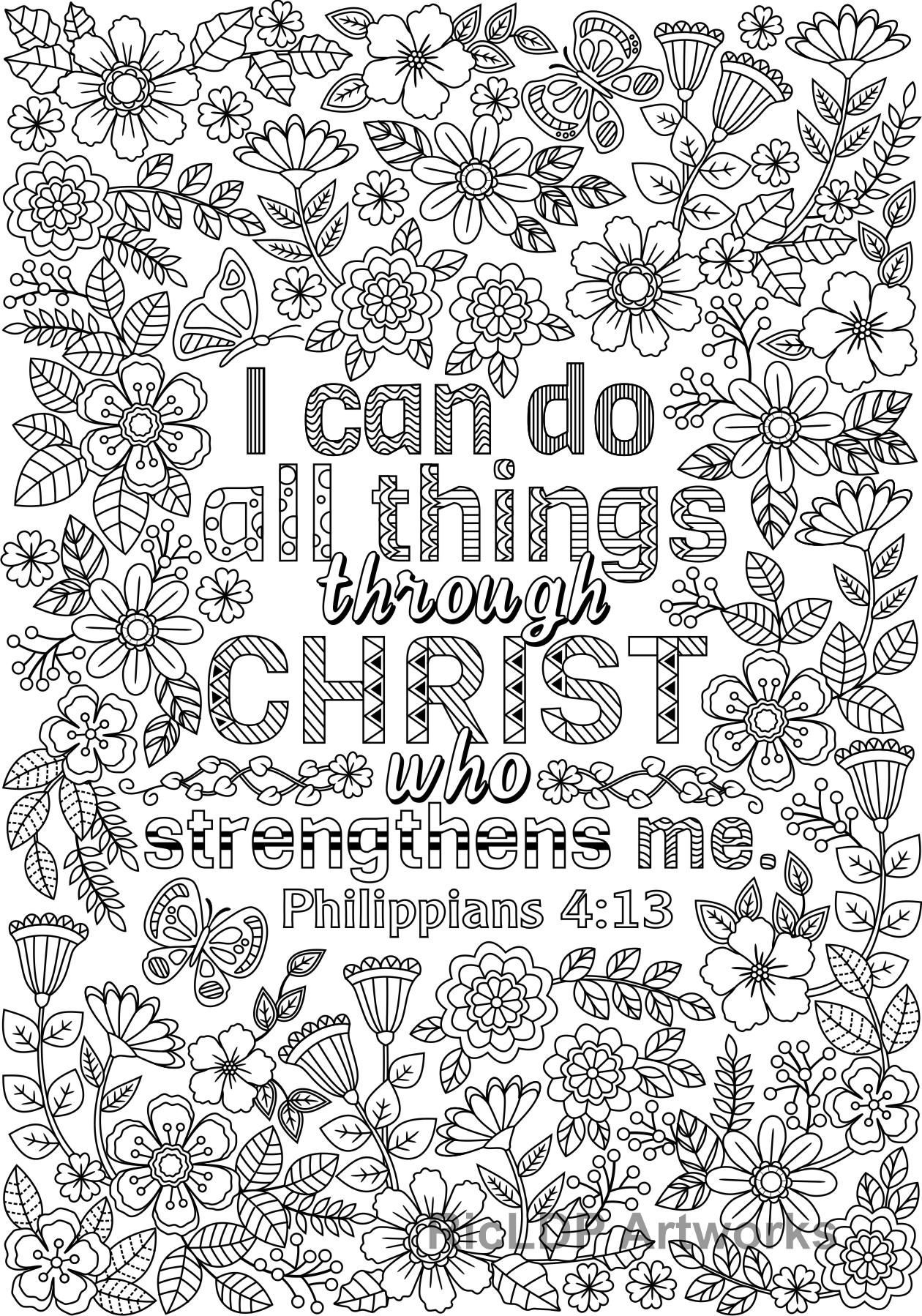 Two inspirational coloring pag philippians i can do all things through christ do what you love flower digns digital download