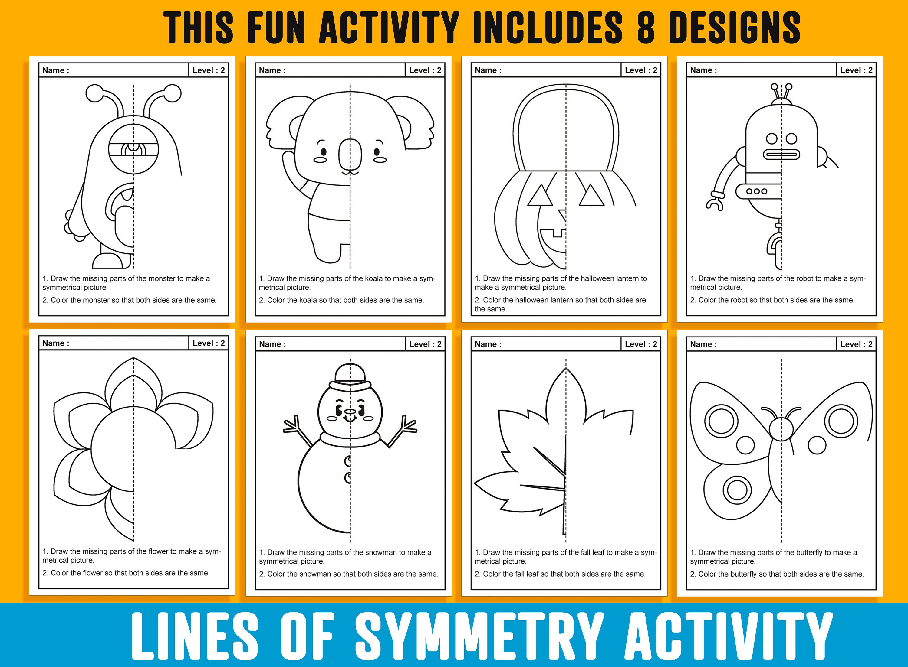 Lines of symmetry activity pages designs each with levels of difficulty math art activity symmetry drawing and coloring activity