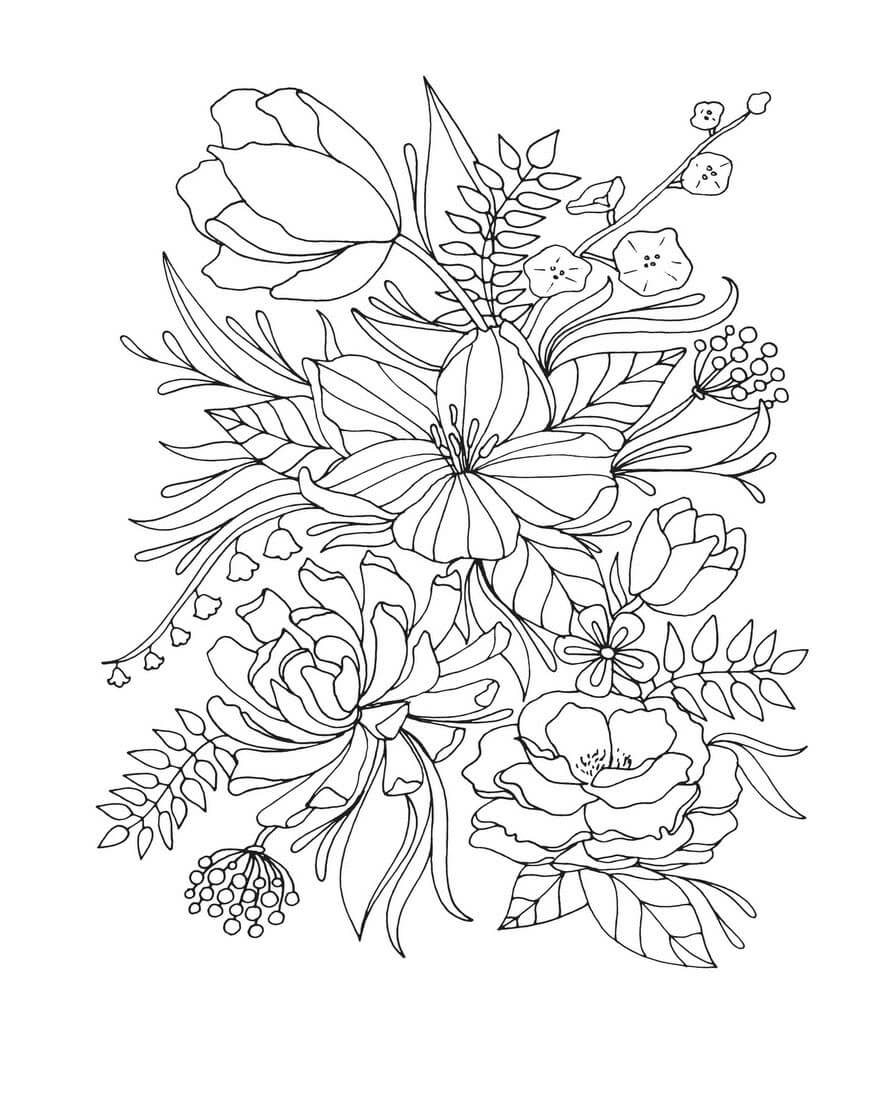 Beautiful flowers with leaves coloring page