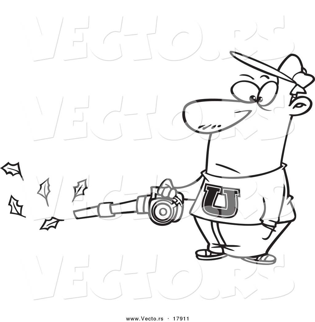 R of a cartoon man using a leaf blower