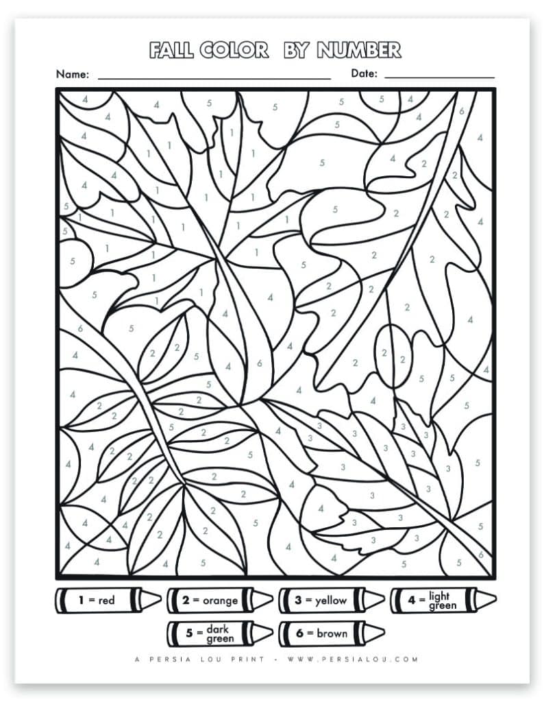 Free fall color by number fall leaves printable coloring page