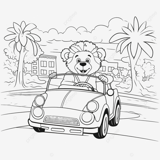 Desenho de leão fofo se divertindo dirigindo um carro urbano em um dia ensolarado livro ou pãgina para colorir png carro de brinquedo carro infantil ilustraãão fofa png imagem para download