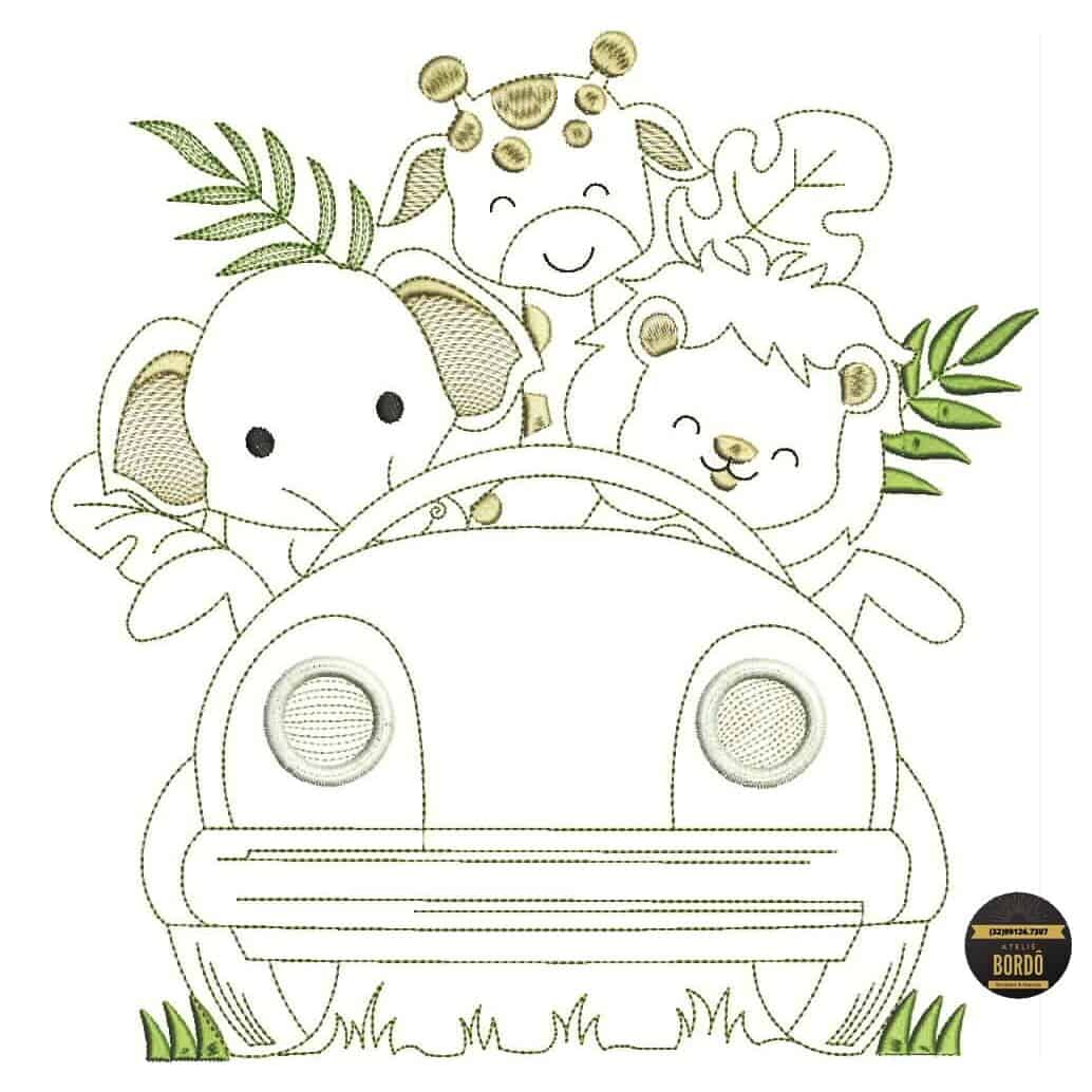 Matrizes de bordado animal safari carro caravana gato leao elefante girafa trenzinho infantil contorno jef pes emoidery atelie bordo