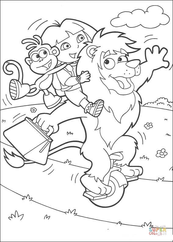 Desenho de dora e botas estão viajando o leão de circo para colorir desenhos para colorir e imprimir gratis