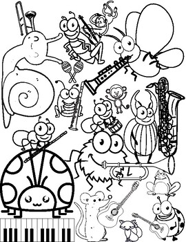 Music coloring packet pages animals and bugs with instruments