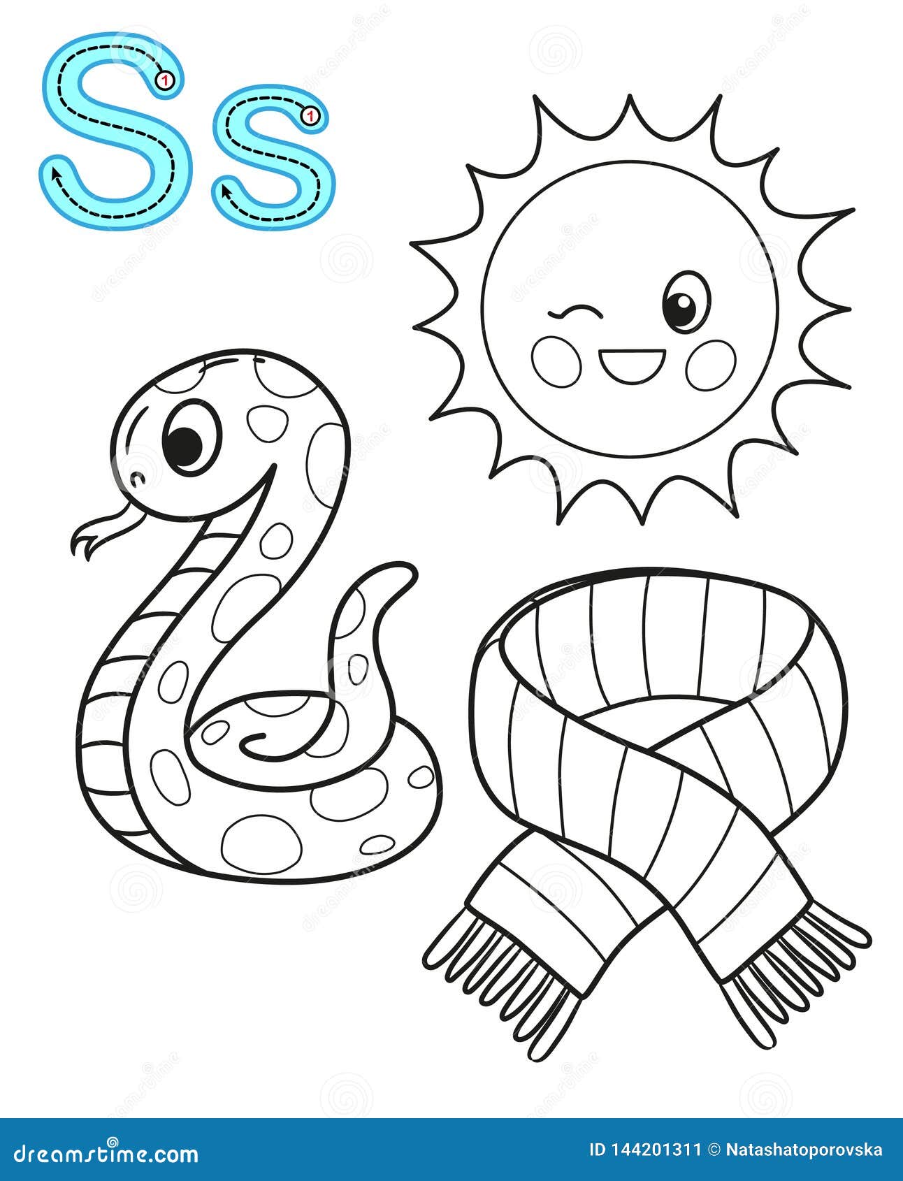 Printable coloring page for kindergarten and preschool card for study english vector coloring book alphabet letter s stock vector