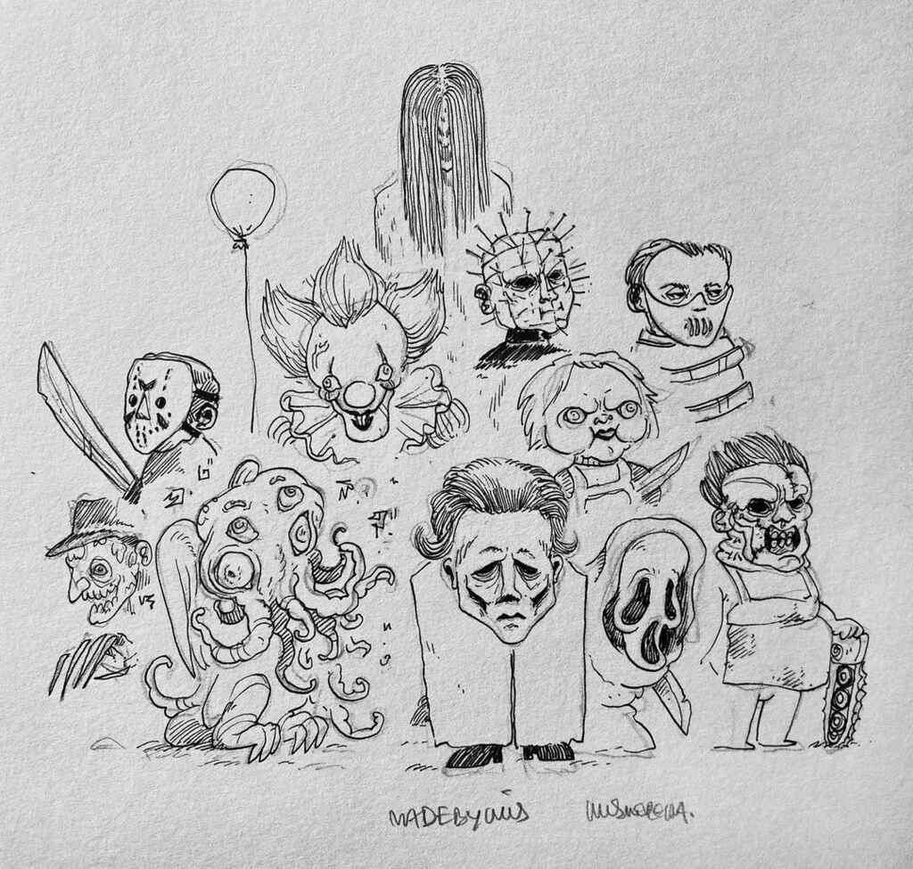 Luãs lamas moreira on x last inktober post is a biggy âºïâ ultimate halloween illustration with a lot of greats b did i forget any big horror creatures