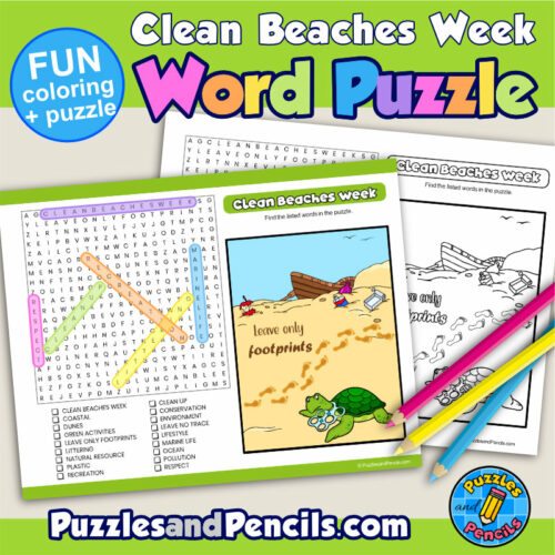 Clean beaches week word search puzzle activity page and coloring july wordsearch made by teachers