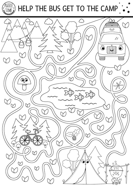 Premium vector black and white summer camp maze for children active holidays preschool outline printable activity family road trip labyrinth game or coloring page with cute kawaii bus going to the