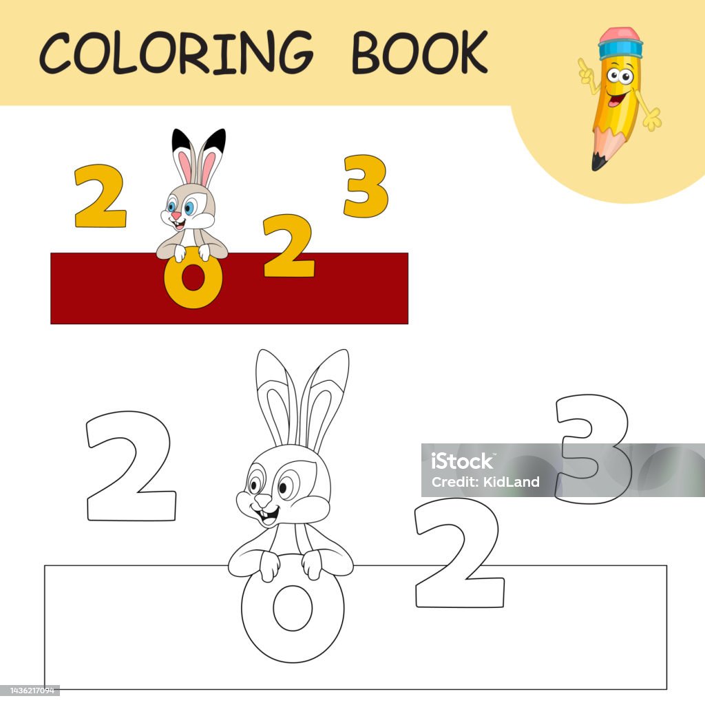 Coloring book with cartoon rabbit holding number colorless and color example hare as symbol of new year on coloring page worksheet greeting card antistress coloring with new year art for kids