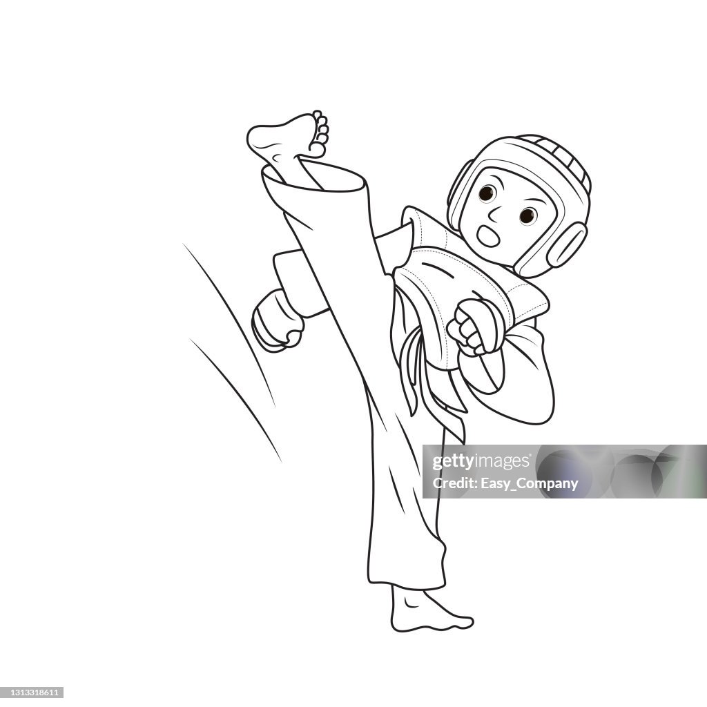 Vector illustration of young adult taekwondo athlete training leg kicking over head isolated on white background kids coloring page drawing art first word flash card color cartoon character clipart high