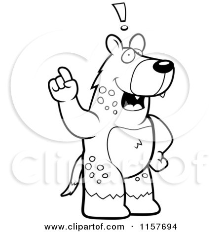 Cartoon clipart of a black and white big hyena standing on his hind legs holding his finger up with an idea