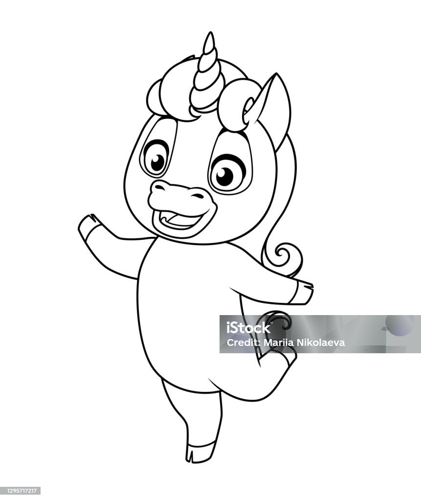 Cute baby unicorn standing on one leg vector coloring page stock illustration