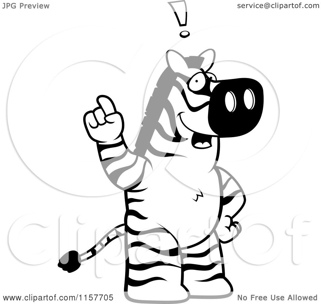 Cartoon clipart of a black and white big zebra standing on his hind legs holding his finger up with an idea