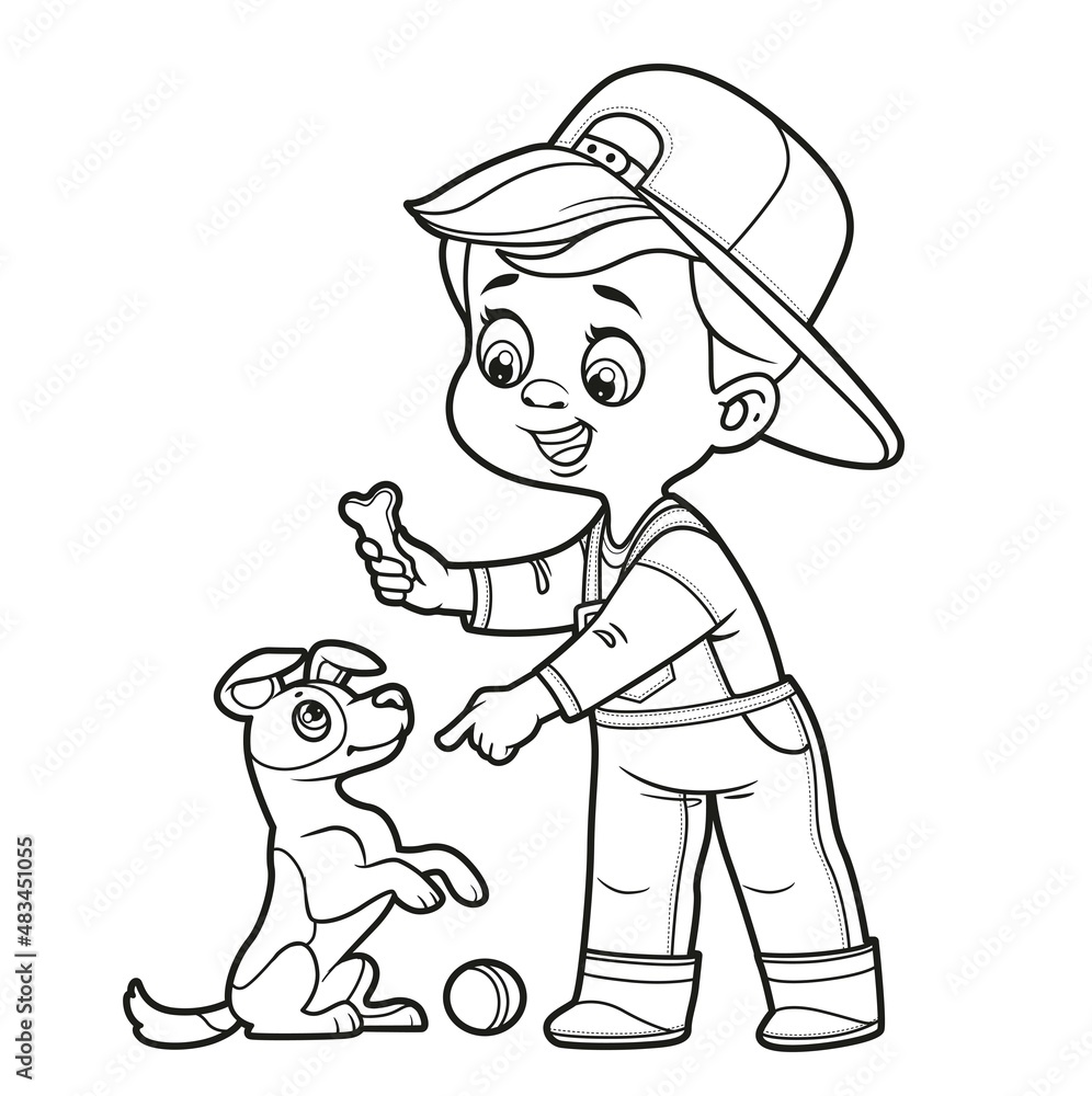 Cute cartoon boy playing with dog jack russell terrier stands on hind legs outlined for coloring page on white background vector