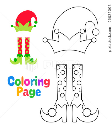 Coloring page with elf hat and shoes for kids