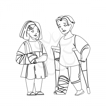 Child injury treat in emergency hospital black line pencil drawing vector little girl with broken arm in bandage and boy with leg injury walking on crutches kid trauma treatment illustration